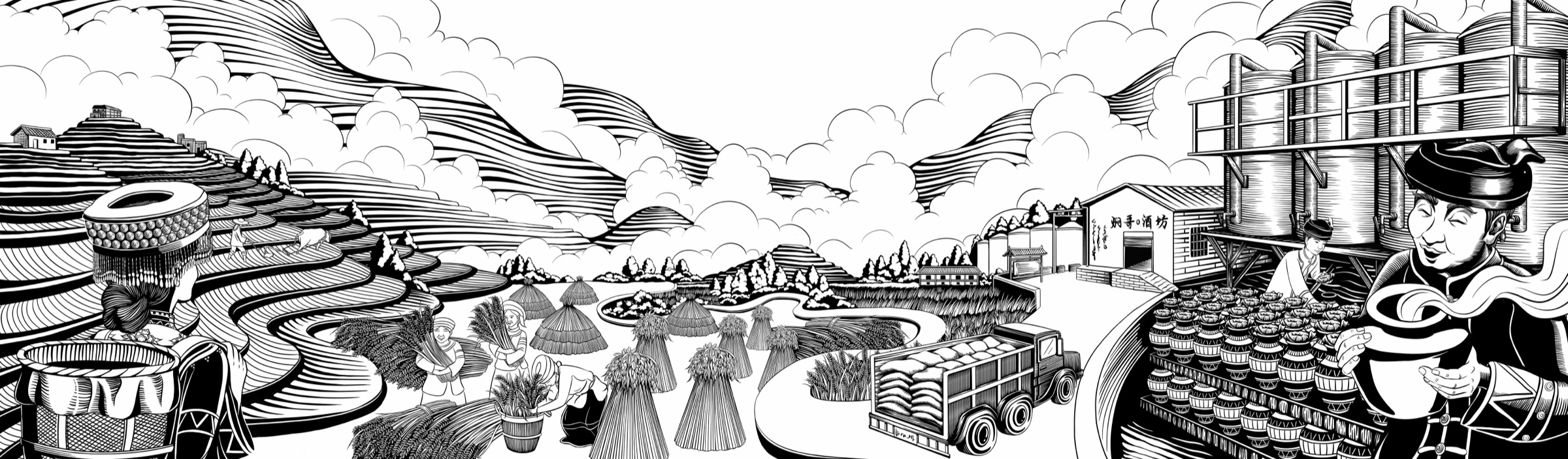 焖哥早期黑白钢笔线稿，描绘梯田、收粮、运输、酒坊与人物