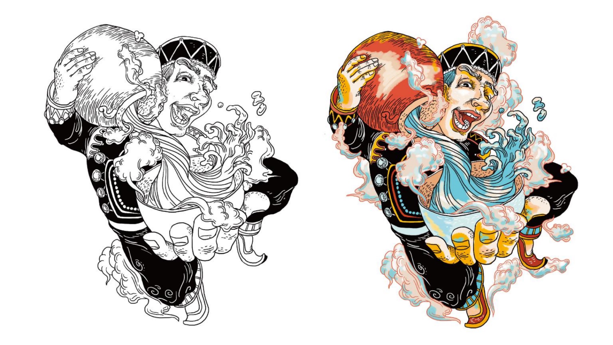 焖哥人物插画从黑白线稿到彩色完成稿的左右对照