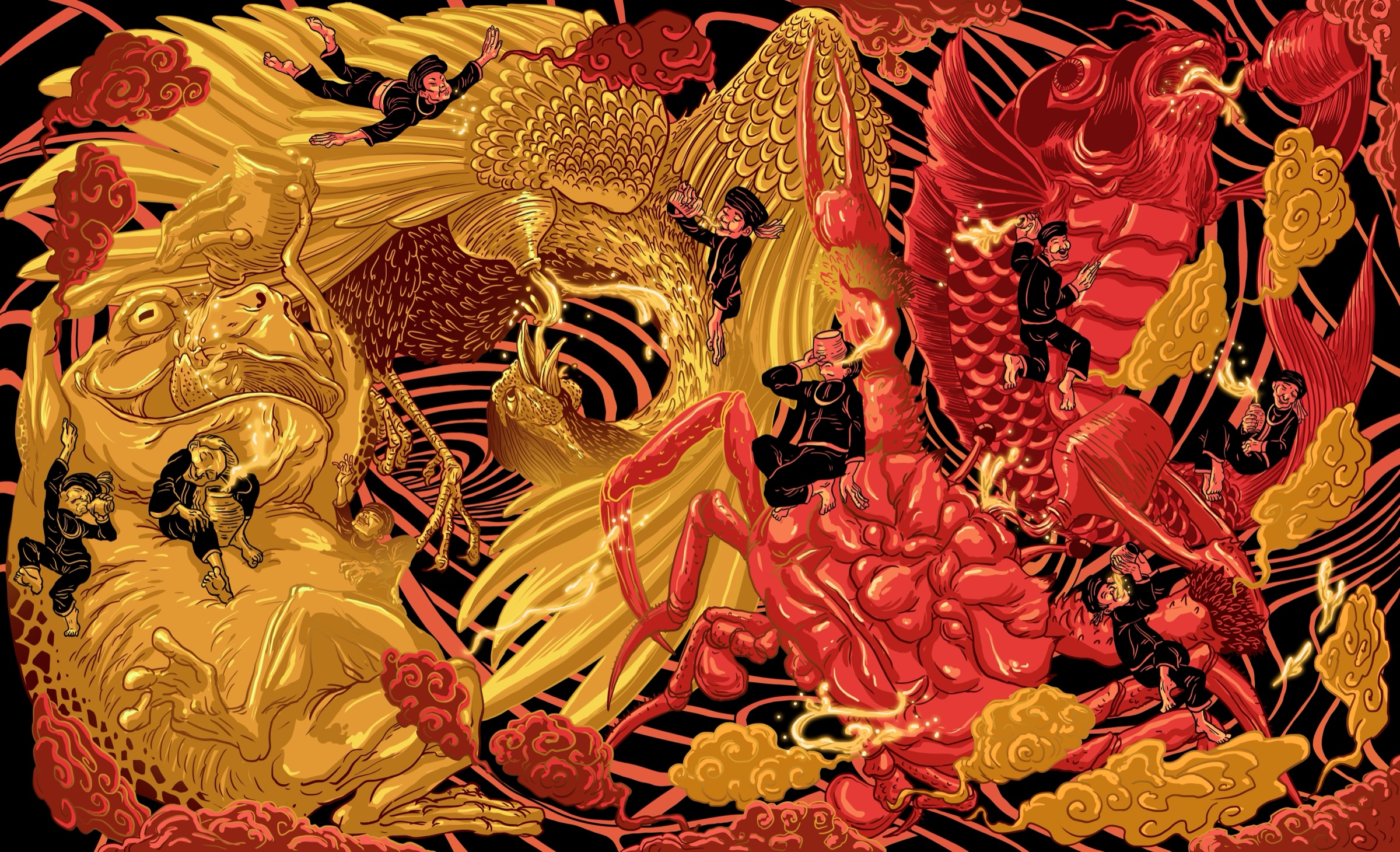 焖哥红金品牌插画，画面包含人物、白鹇、神兽与红黑金纹样